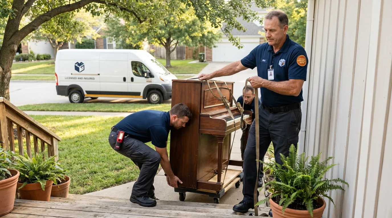 Licensed piano movers securing grand piano in Yonkers, NY