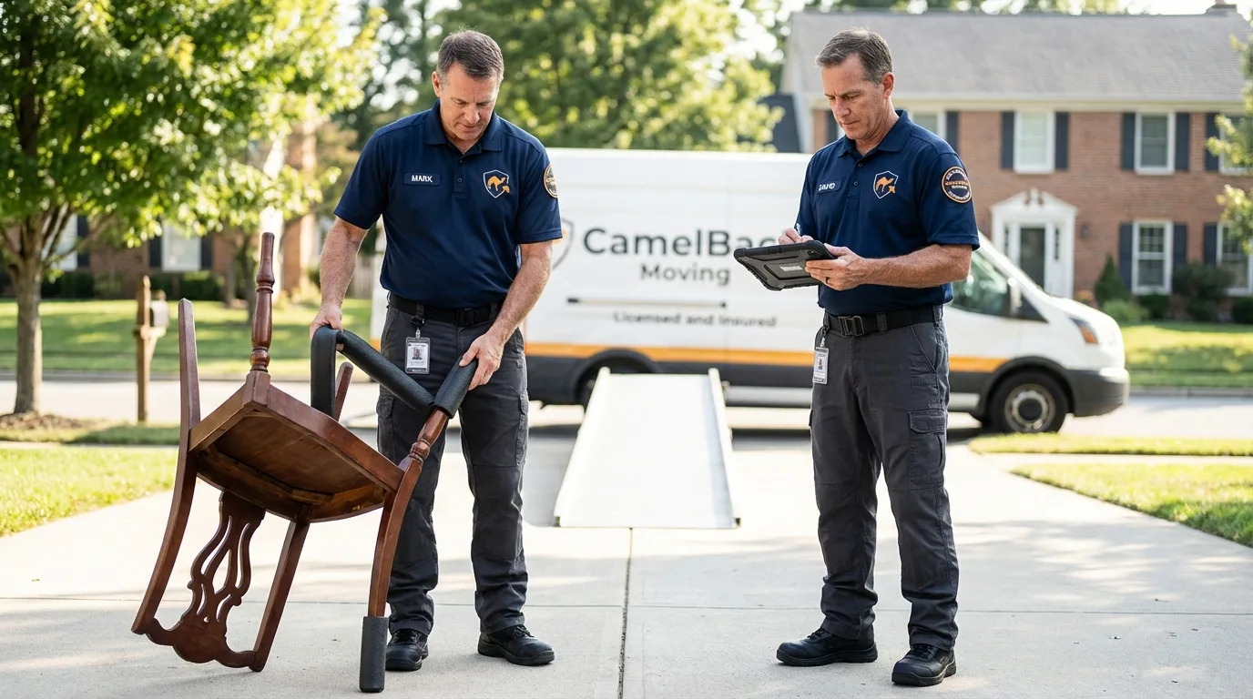 Movers inspecting furniture for damage prevention before loading in Yonkers, NY