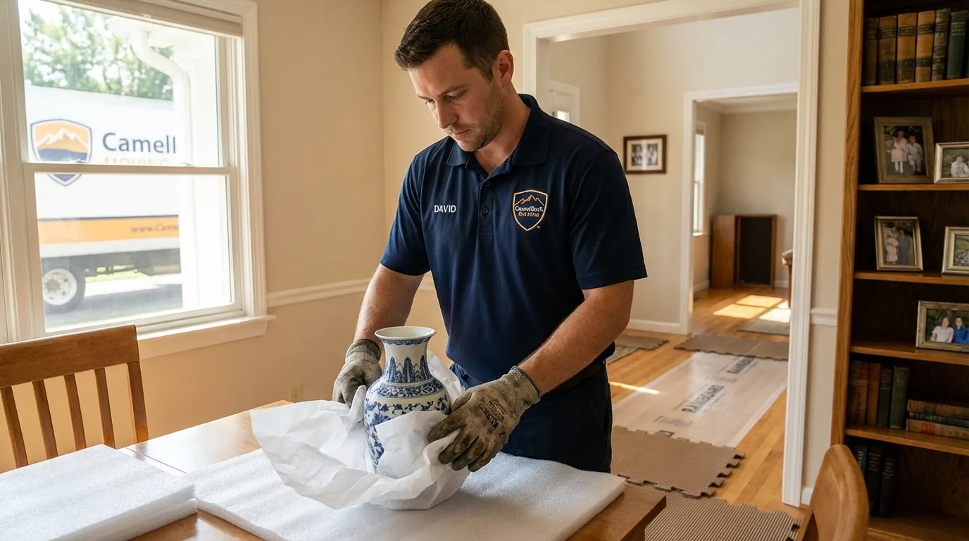 Professional crew carefully wrapping antique vase for senior downsizing move in Yonkers, NY